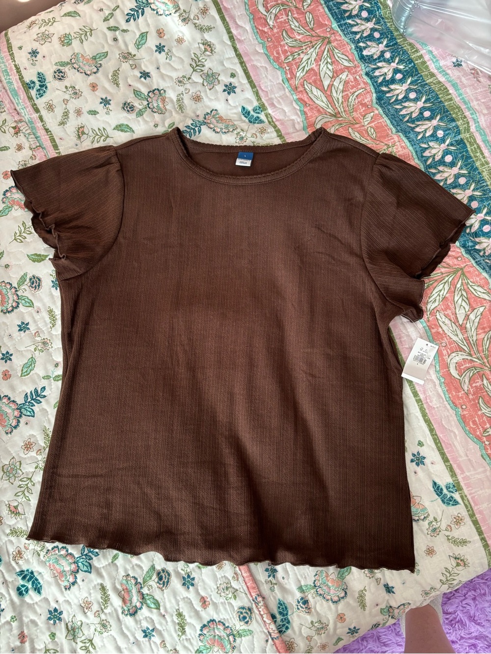 Old Navy Brown Ribbed Short Sleeve Tee with Ruffle Sleeves